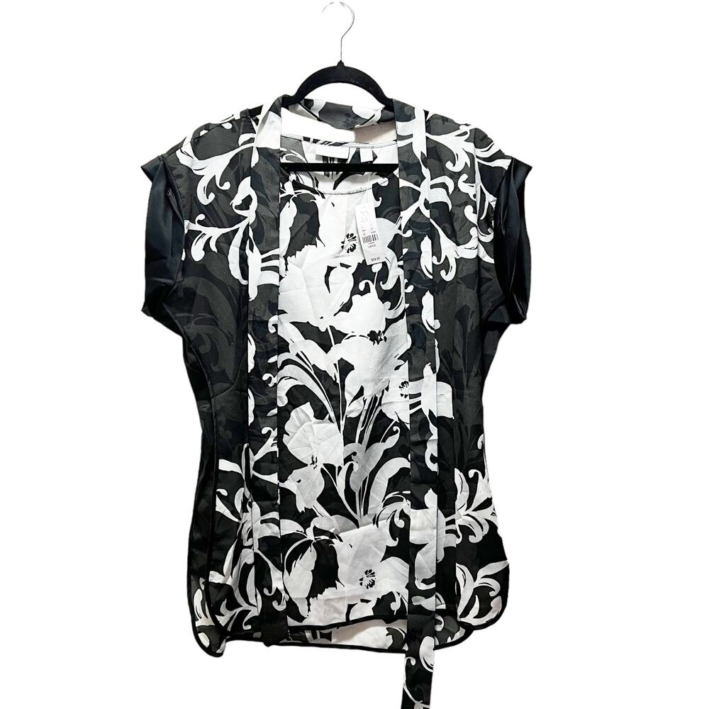 New York & Company Floral Black White Sheer Short Sleeve Tie Waist Blouse Sz L